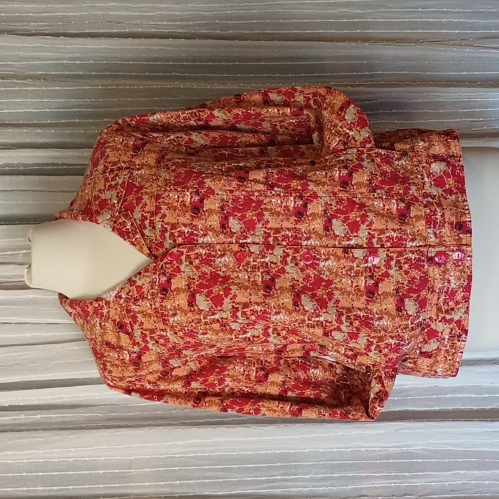 C J Banks Shacket Jacket Red Orange Brown Fall Floral Shirt Linen Cotton Top XL
